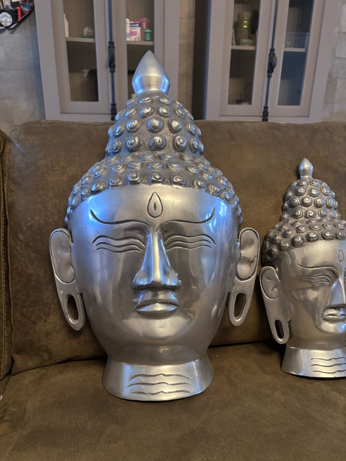 Set van 2 Boeddha hoofden voor aan de muur, Huis en Inrichting, Woonaccessoires | Boeddhabeelden, Ophalen of Verzenden, Zilver