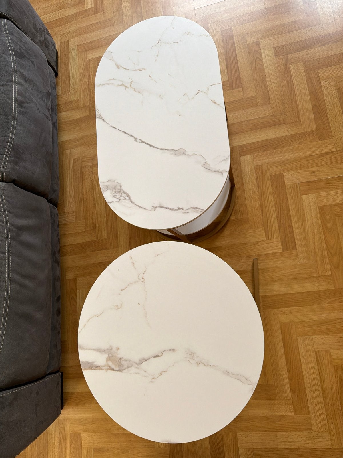 Set van 2 salontafels met marmerlook blad, Ophalen, Zo goed als nieuw, 75 cm of meer, Ovaal