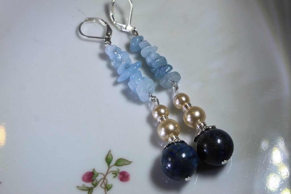 Lange oorbellen met aquamarijn, parel en lapis, Hangers, Blauw, Nieuw, Ophalen of Verzenden