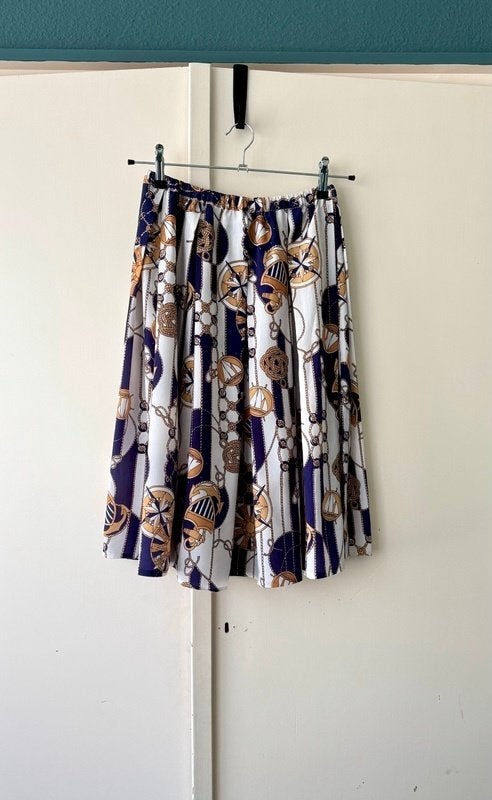 Vintage nautische midi rok 36 38 90s navy cream kettingprint, Blauw, Ophalen of Verzenden, Zo goed als nieuw, Maat 36 (S)