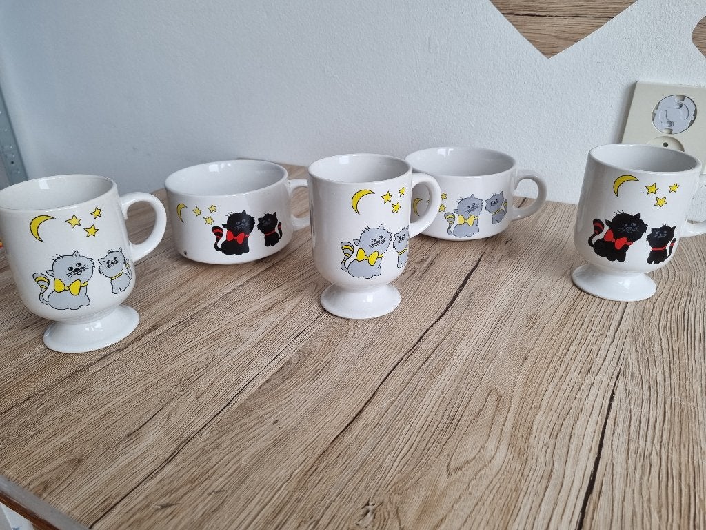 2 Vintage Soep Koppen + 3 Bekers Mokken Poezen Kat Keramiek, Gebruikt, Overige merken, Verzenden, Vintage