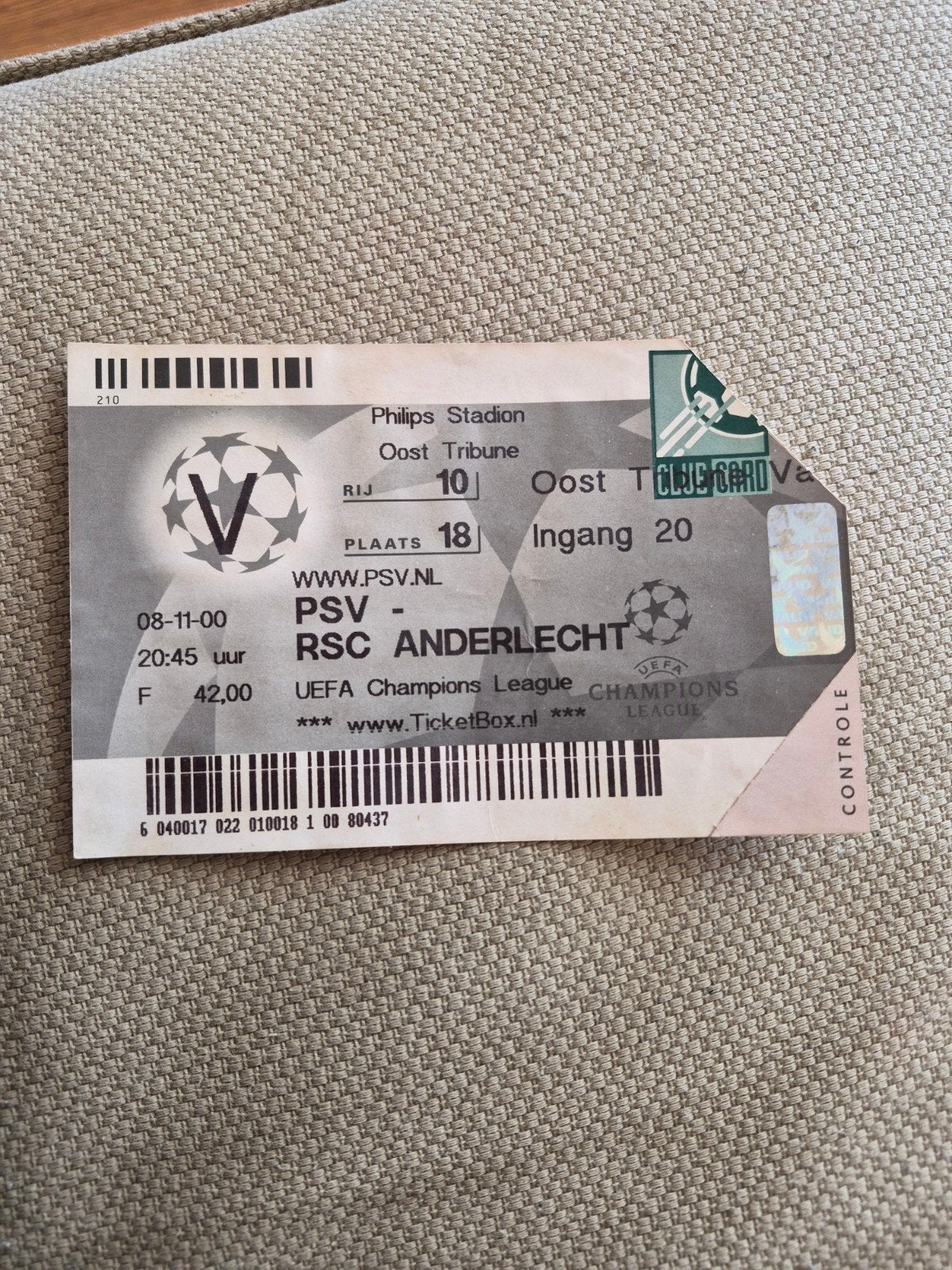 Ticket PSV - RSC Anderlecht, Ophalen of Verzenden, Gebruikt, PSV, Overige typen