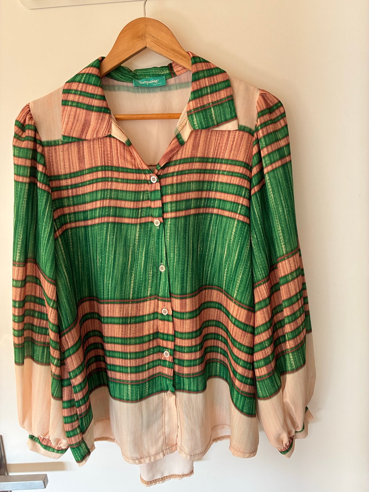 Blouse: Turquoise by Daan - Groen/bruin/beige gestreept, Ophalen of Verzenden, Gedragen, Maat 38/40 (M), Groen