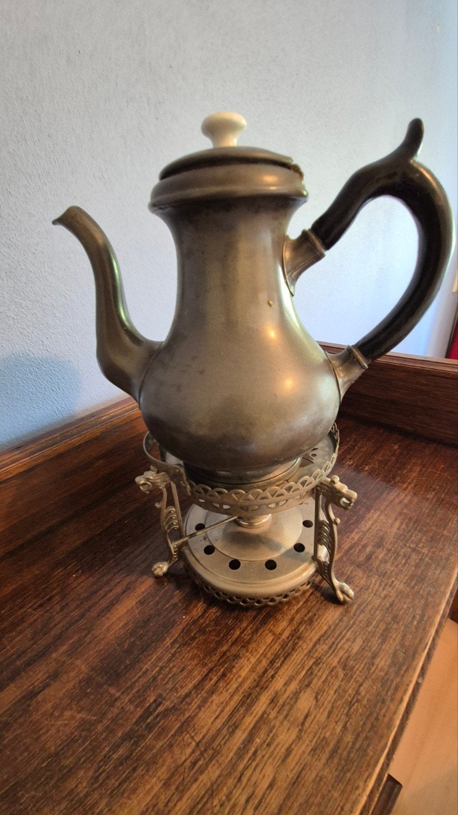 Antieke tinnen koffiekan met rechaud, Ophalen of Verzenden