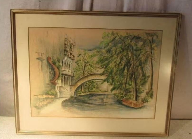 Mooi geschilderd Aquarel 'Brug en Terrasje' - Siebenhausen, Antiek en Kunst, Ophalen of Verzenden, Landschap, Aquarel, Gesigneerd