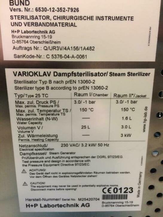B-autoclaaf van Hille type H P25TC uit Duitse leger, Niet ingevuld, Gebruikt, Niet ingevuld, Ophalen of Verzenden