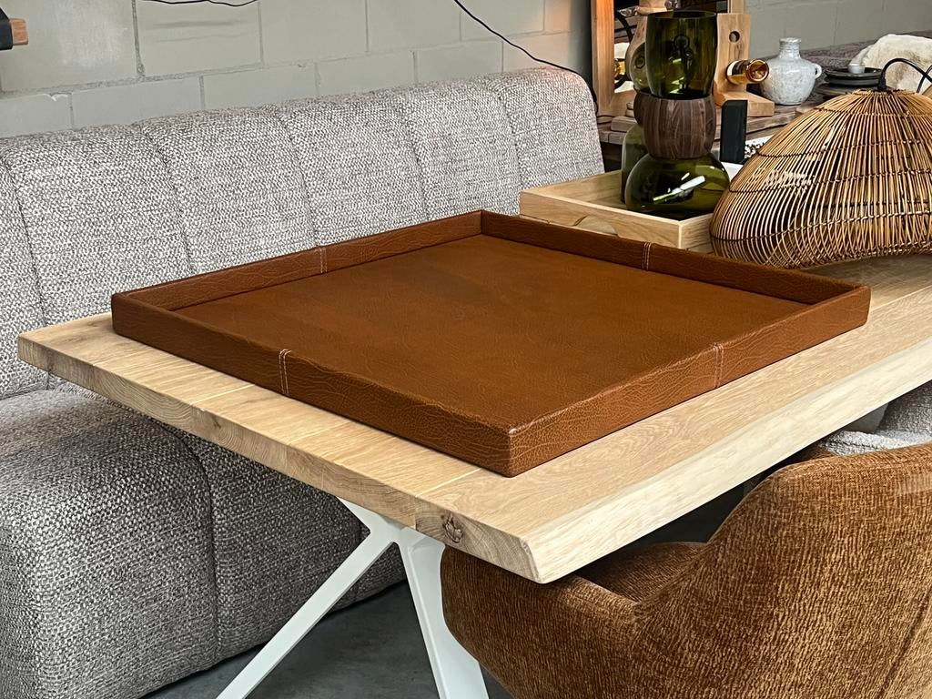 Dienblad cognac runderleer, Ophalen of Verzenden, Nieuw, Vierkant, Hout
