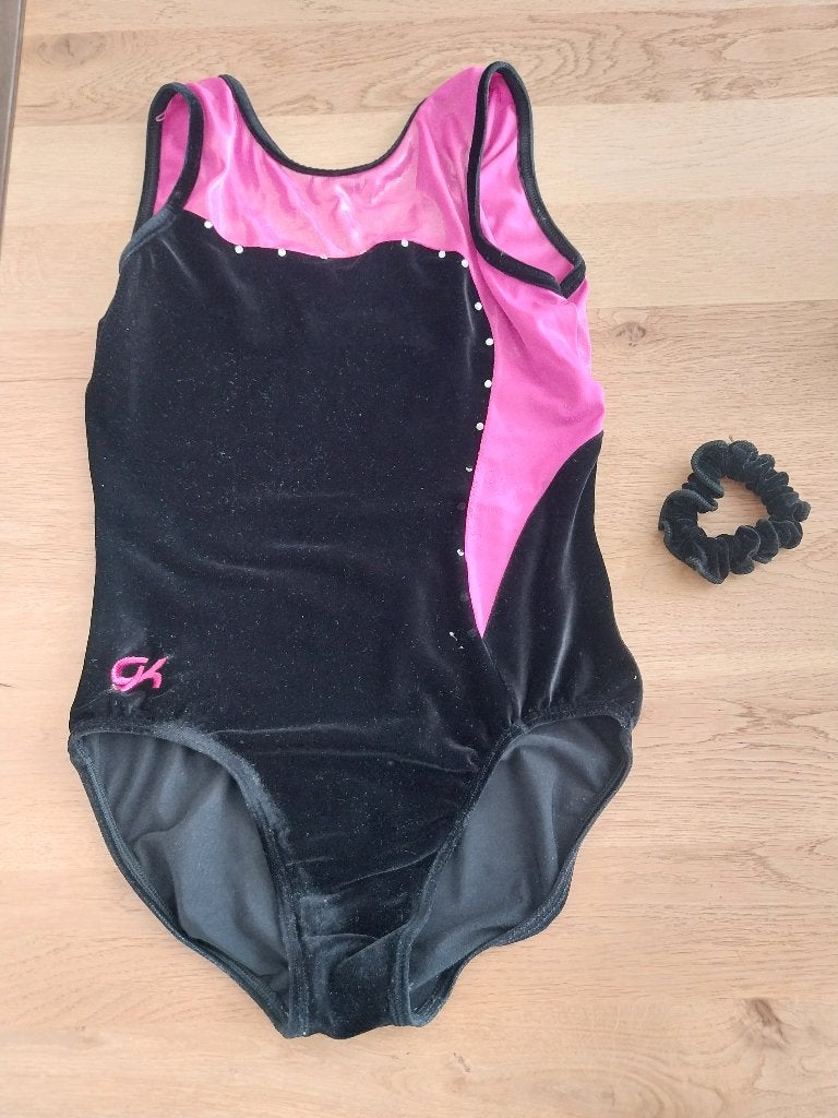 Turnpakje zwart/roze met steentjes en scrunchie, Ophalen, Gebruikt, Meerkleurig, Turnpak(je)