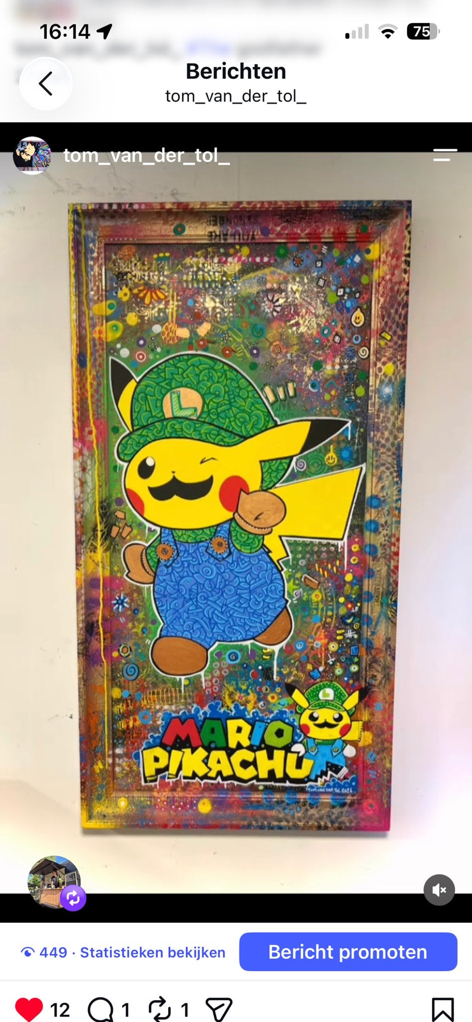 LuigiPikachu Schilderij met Geschilderde Lijst, Ophalen of Verzenden, Textiel, Handgeschilderd, Stripfiguren/cartoons