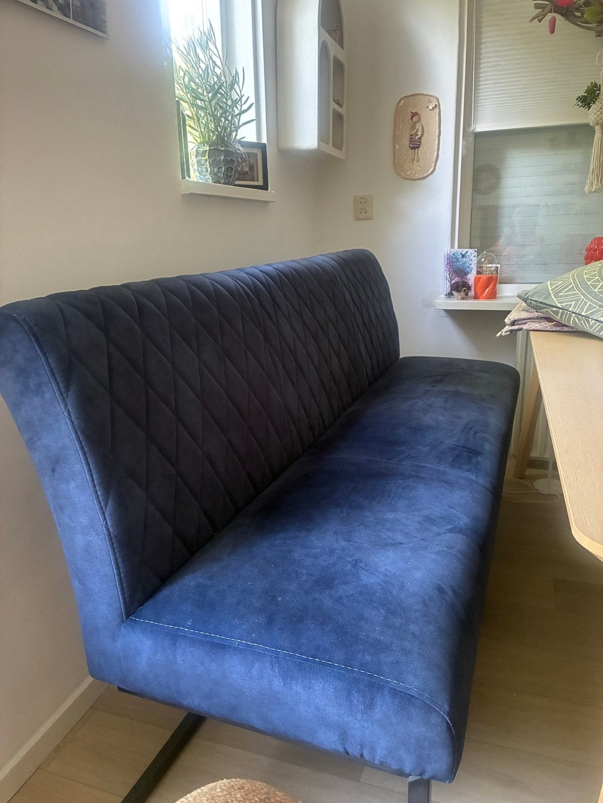 Donker blauwe eetbank, Huis en Inrichting, Ophalen, Minder dan 75 cm, 150 tot 200 cm, Zo goed als nieuw