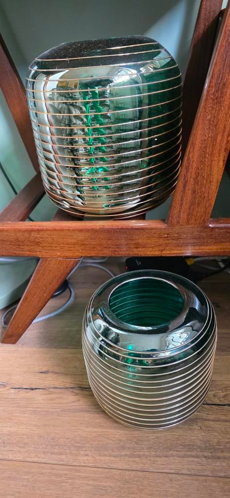 Set van 2 vintage Luster vazen groen glas met goud, Ophalen of Verzenden