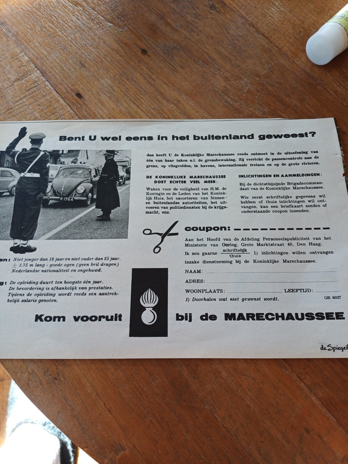 advertentie koninklijke Marechaussee buitenland 1958, Ophalen of Verzenden, Marechaussee, Nederland, Embleem of Badge