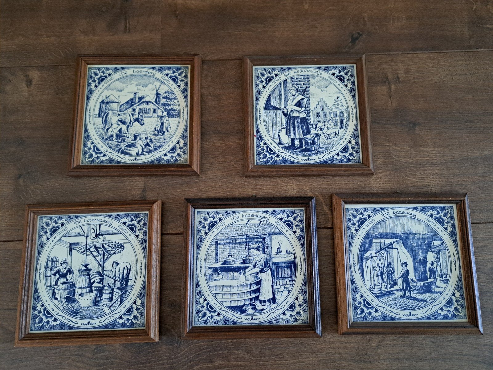 Set van 5 'Delfts Blauwe' Tegeltjes houten lijstjes, Antiek en Kunst, Ophalen of Verzenden