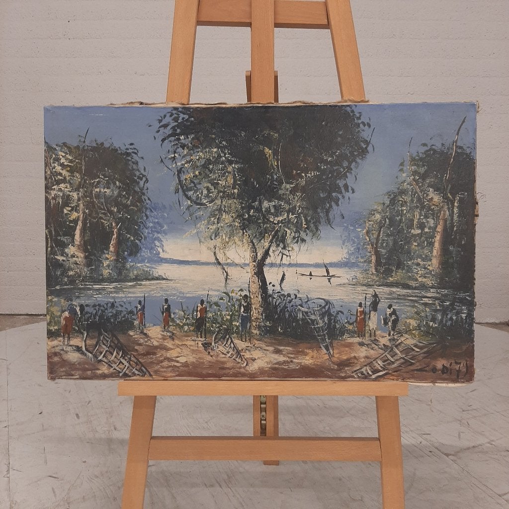 Afrikaans schilderij op meelzak, Antiek en Kunst, Kunst | Schilderijen | Klassiek, Ophalen