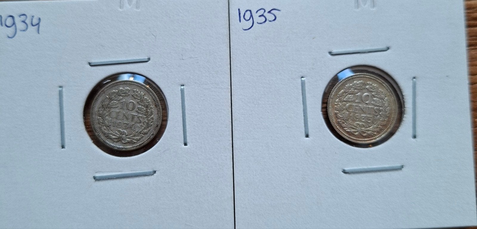 10 cent 1934 en 1935 | mooie patina, Postzegels en Munten, Munten | Nederland, Setje, Zilver, Ophalen of Verzenden, 10 cent