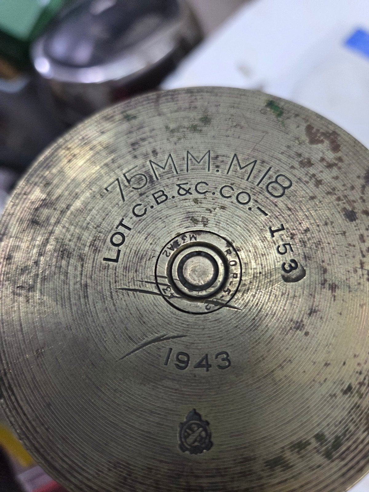 Grote messing kogelhuls uit 1943, Verzamelen, Ophalen of Verzenden, Overige soorten, Overige gebieden, Hulzen of Bodemvondsten