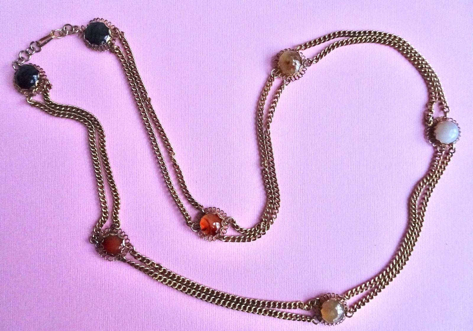 jwg Lange vintage 70s ketting ceintuur edelstenen goud klr, Verzenden, Overige materialen, Ketting, Met edelsteen