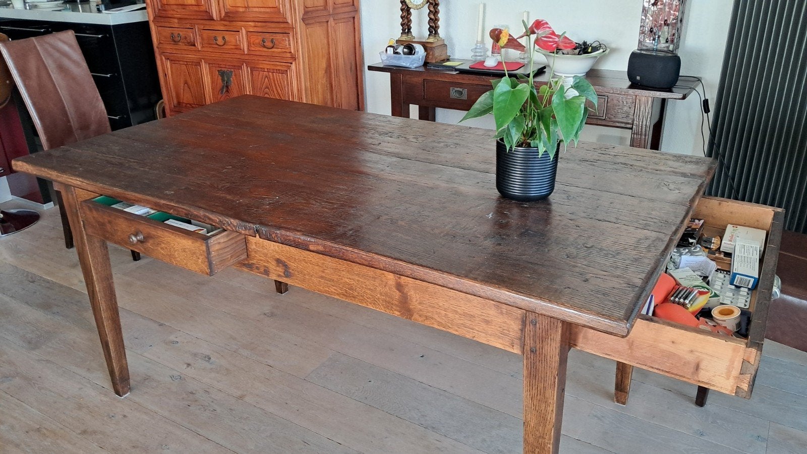 Authentieke boerentafel, eiken, Huis en Inrichting, Tafels | Eettafels, Gebruikt, 200 cm of meer, Rechthoekig, 50 tot 100 cm