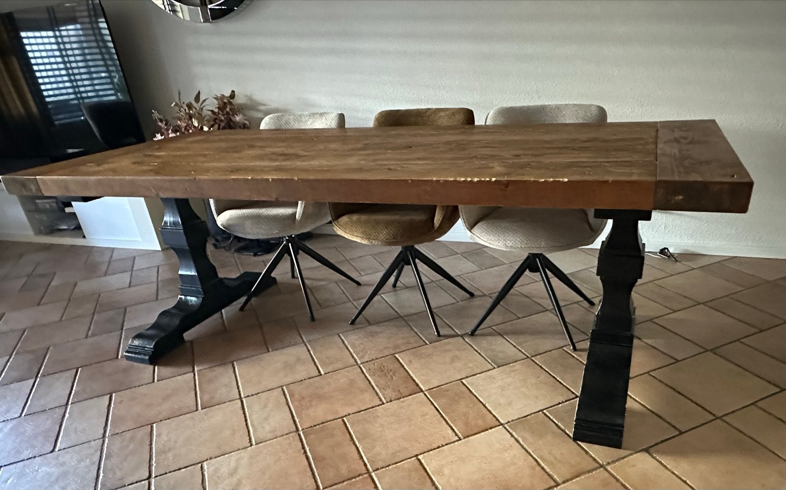 Robuuste kloostertafel van steigerhout - 240 x 100 cm, Huis en Inrichting, Tafels | Eettafels, Ophalen, Gebruikt, 200 cm of meer