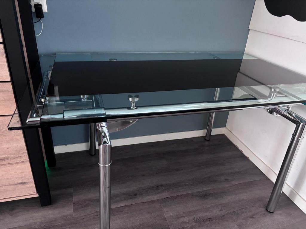 Glazen eettafel uitschuifbaar, Gebruikt, 100 tot 150 cm, Glas, Vier personen
