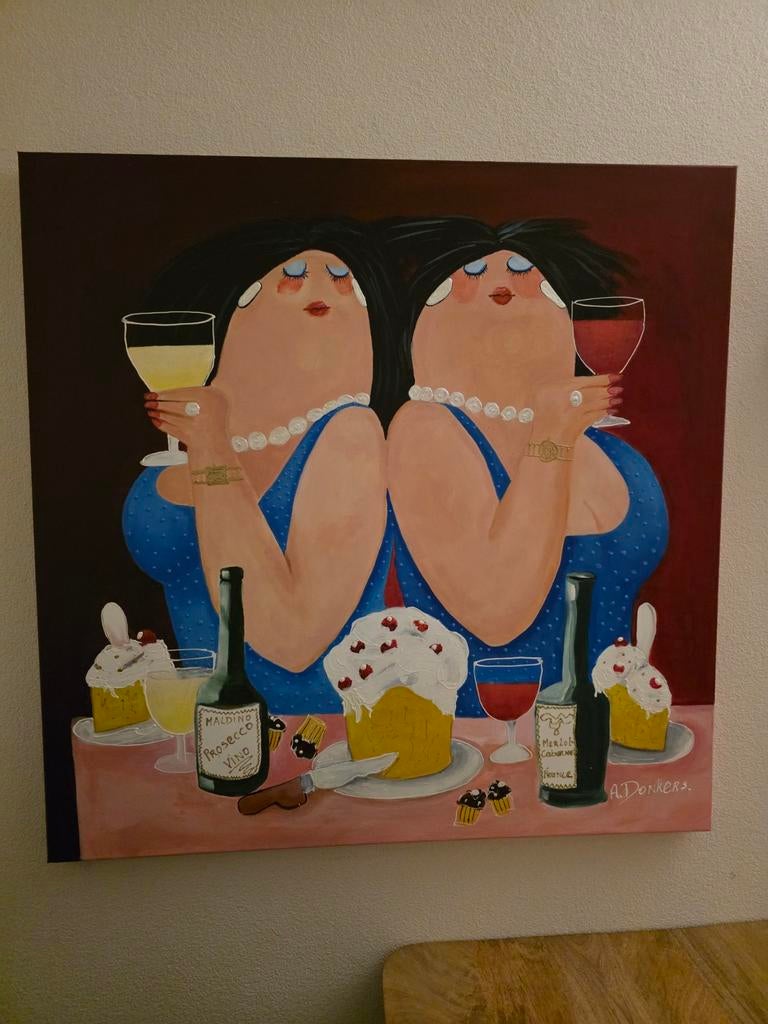 Vrolijk handgeschilderd Dikke Dames schilderij 100x100 cm, Ophalen