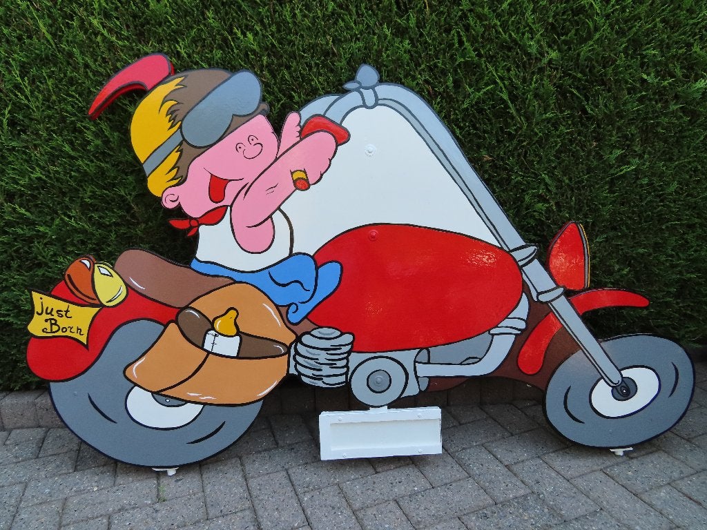 Geboorteborden o.a. baby op rode motor goedkoopst huren., Ophalen, Nieuw, Geboortebord