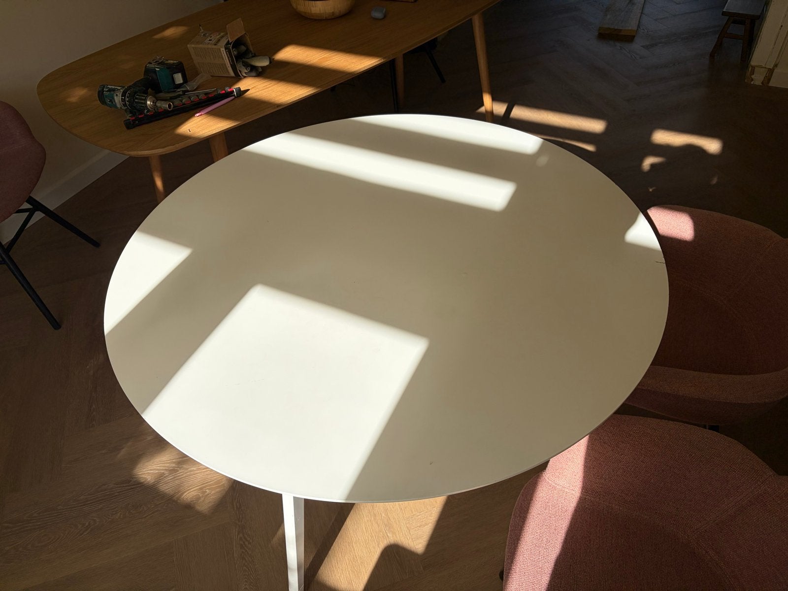 Witte ronde eettafel - 115 cm lang, Gebruikt, Rond, Ophalen of Verzenden, Vier personen