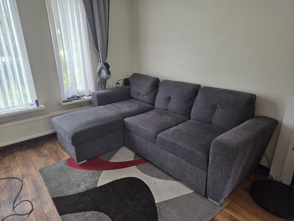 Hoekbank met slaapfunctie en opbergruimte, Huis en Inrichting, Ophalen, Driepersoons, 75 tot 100 cm, Zo goed als nieuw