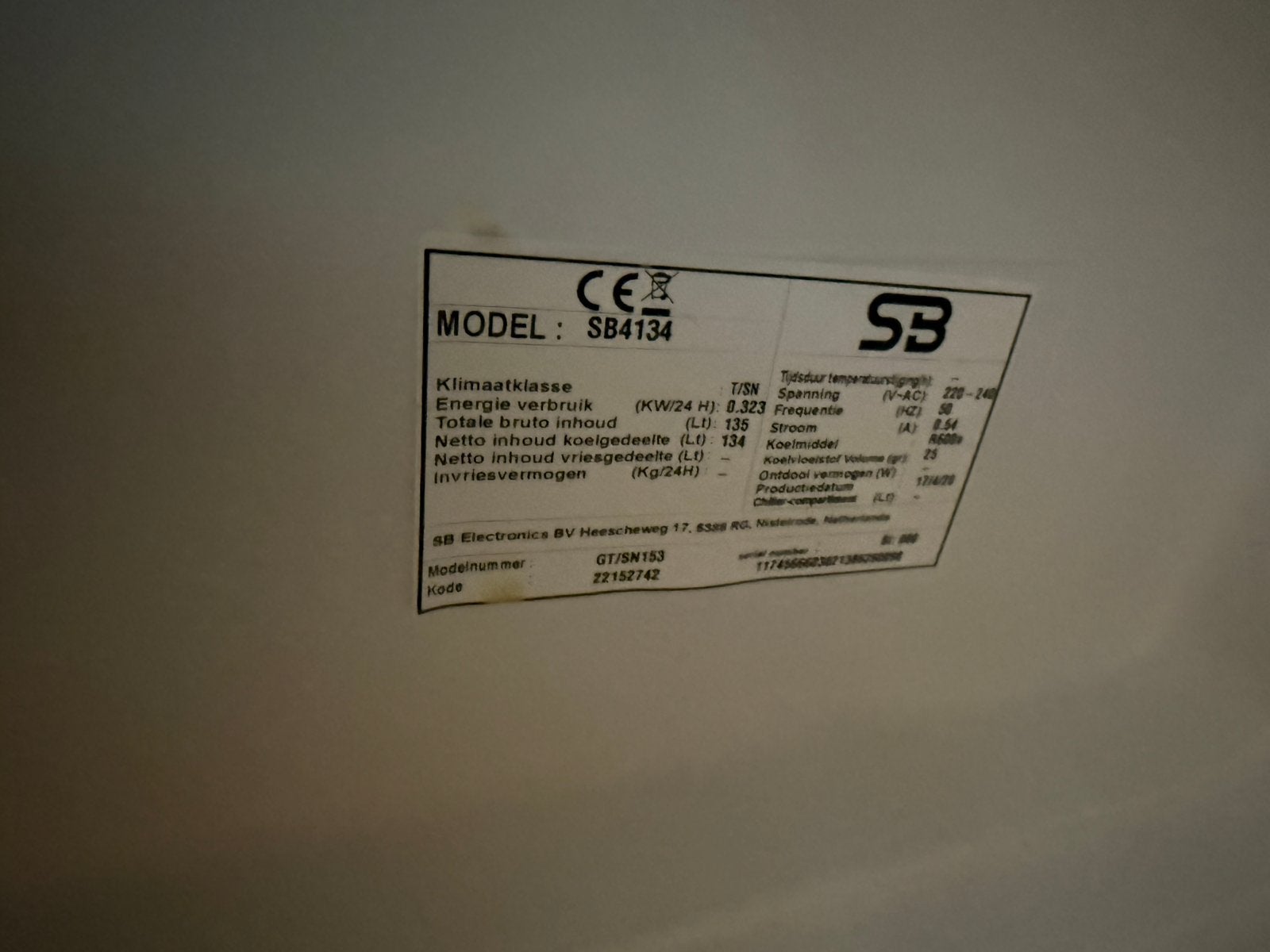 SB Koelkast zonder vriezer - Model SB4134 tafelkoeler, 85 tot 120 cm, 100 tot 150 liter, Ophalen of Verzenden, Energieklasse A of zuiniger