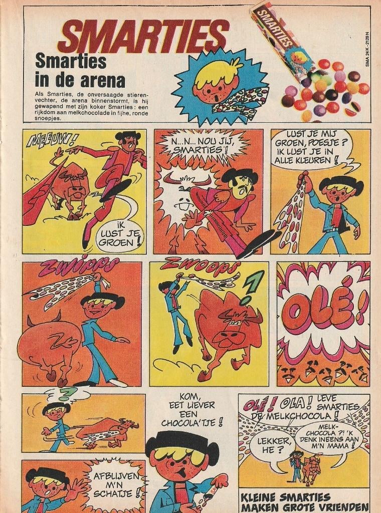 Retro reclame 1971 Smarties snoepjes in de stieren arena, Verzamelen, Verzenden, Overige typen