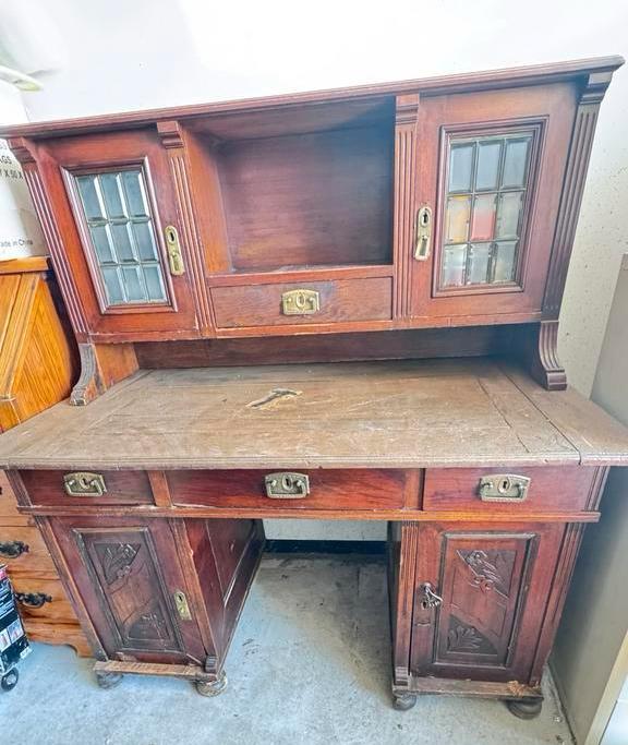 Antiek Houten Bureau met Opbouw en Lades, Ophalen