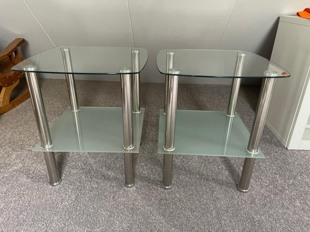 Set van 2 Glazen Bijzettafels met Metalen Poten, Huis en Inrichting, Tafels | Bijzettafels, Minder dan 45 cm, Minder dan 55 cm