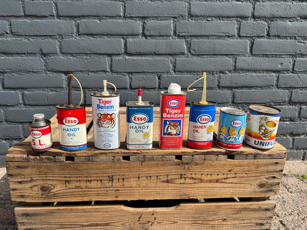 Vintage Olieblikken Collectie - Esso, Tiger Benzine, Uniflo, Gebruikt, ., ., .