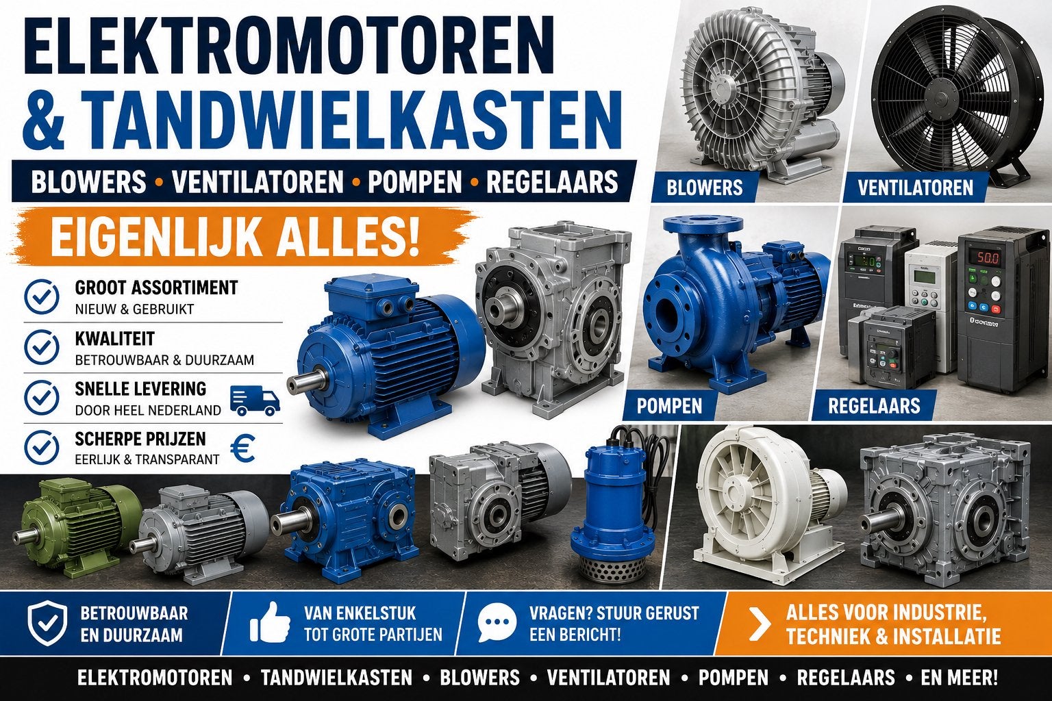 Elektromotoren, Tandwielkasten, Blowers, Pompen & Meer!, Ophalen of Verzenden