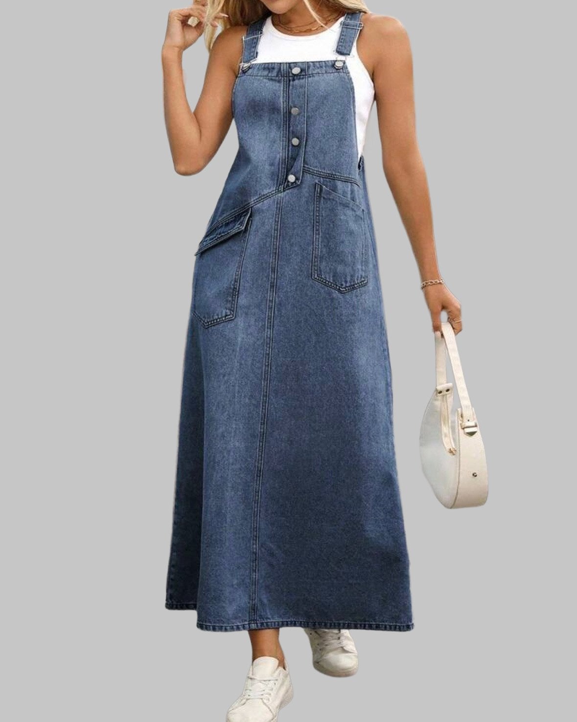 Lange denim tuinbroek jurk met zakken (44-52), Verzenden, Nieuw, Blauw, Jurk