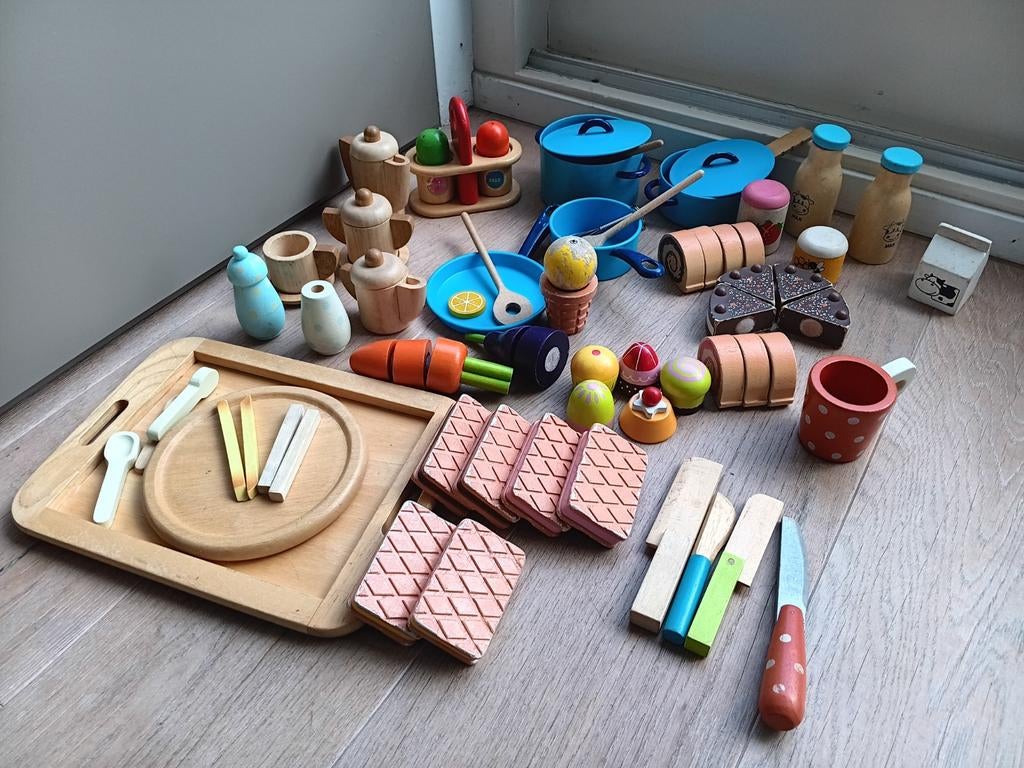 Grote set houten speelgoed: keuken, eten en meer!, Ophalen of Verzenden, Gebruikt, Overige typen
