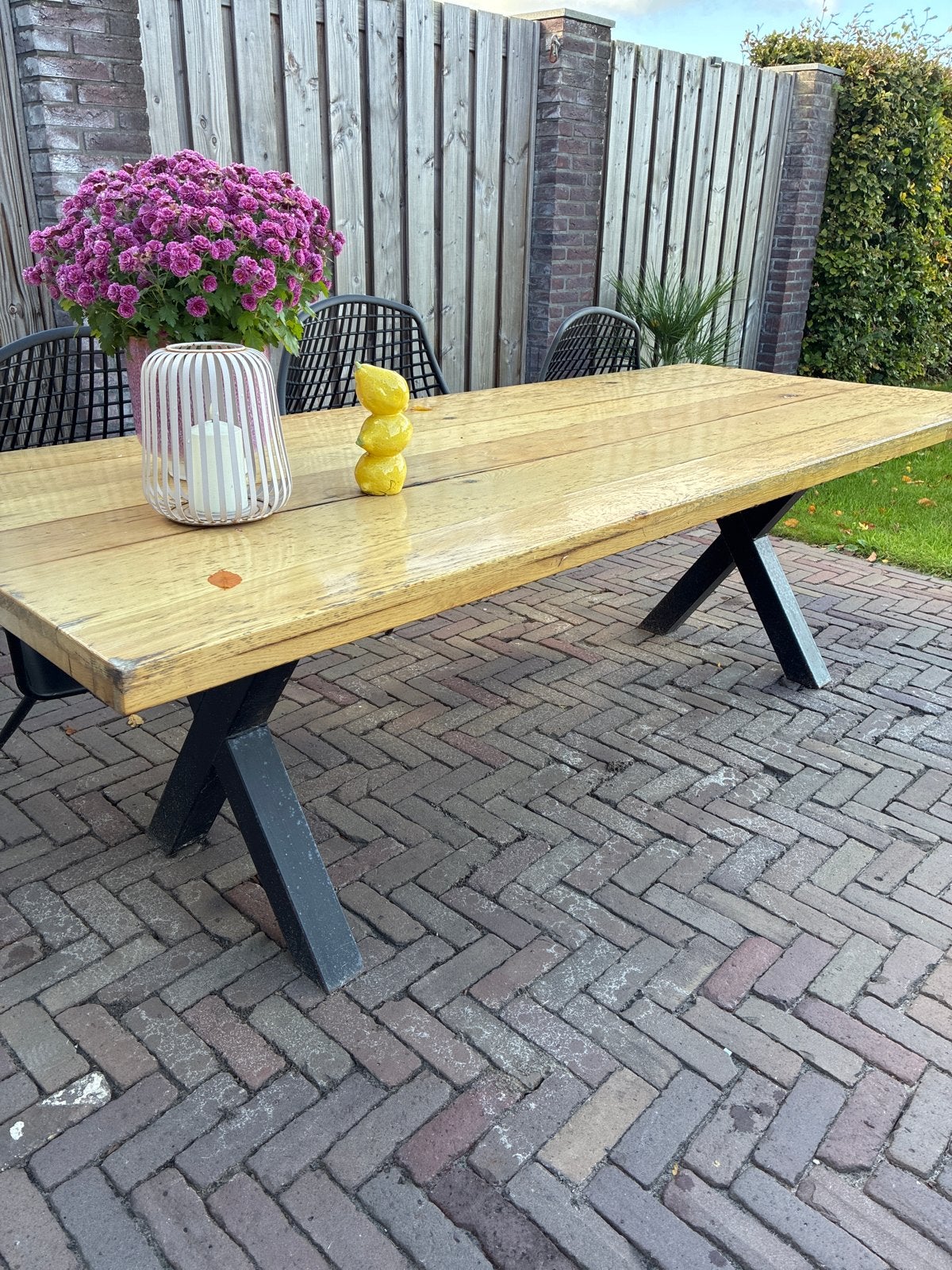 Houten tuintafel met metalen X-poten (opknapper), Ophalen, Gebruikt, Rechthoekig, Hout