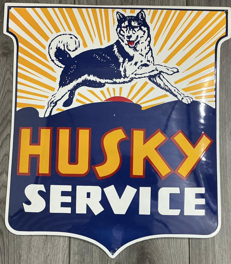 Emaille bord HUSKY service gasoline motoroils, Antiek en Kunst, Antiek | Emaille, Ophalen of Verzenden