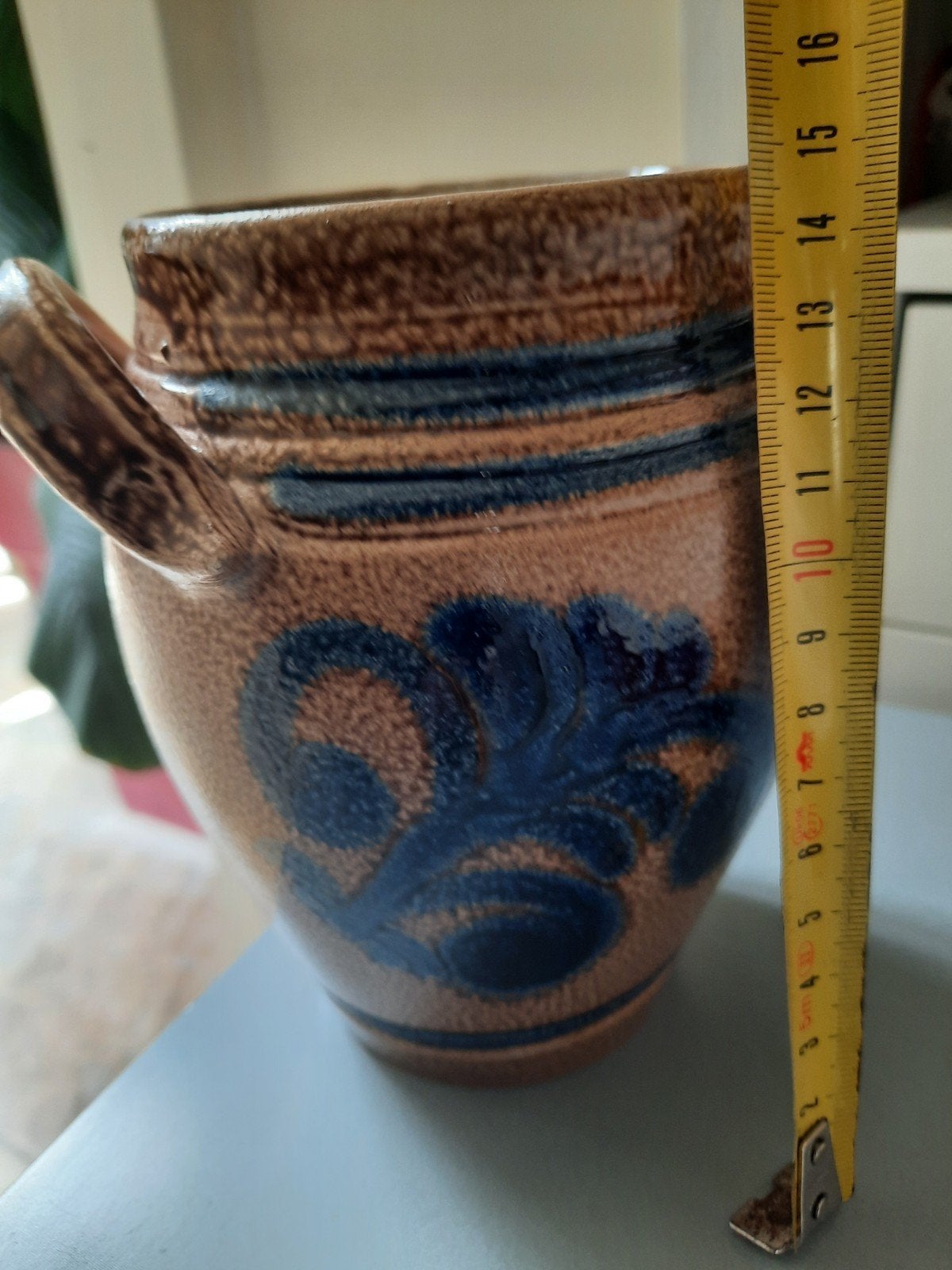 Vintage Bruine Aardewerk Pot met Blauw Decor, Ophalen of Verzenden