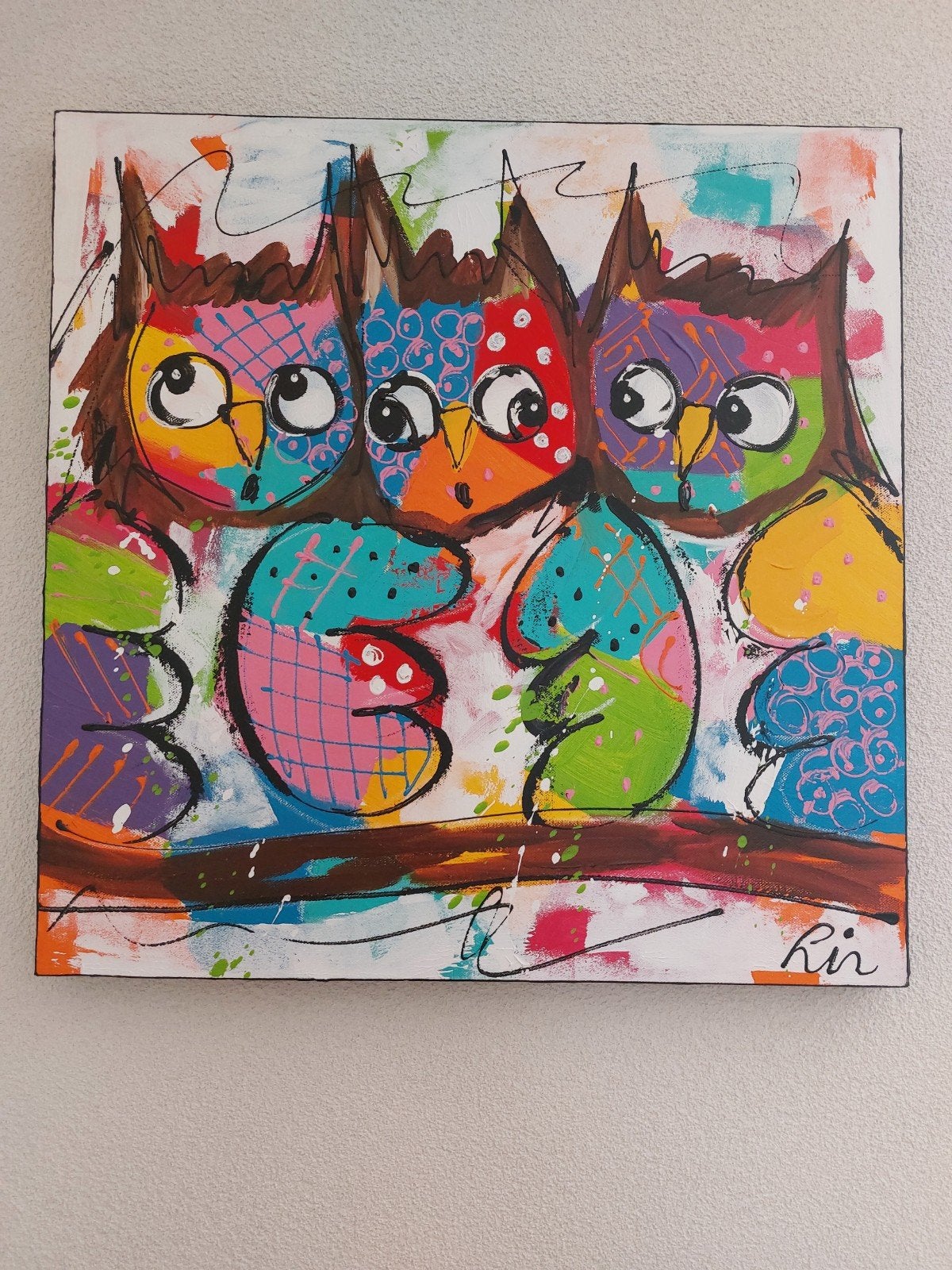 Vrolijke uilen schilderij - Acryl op doek - Gesigneerd, Gesigneerd, Acrylverf, Ophalen of Verzenden, Dieren