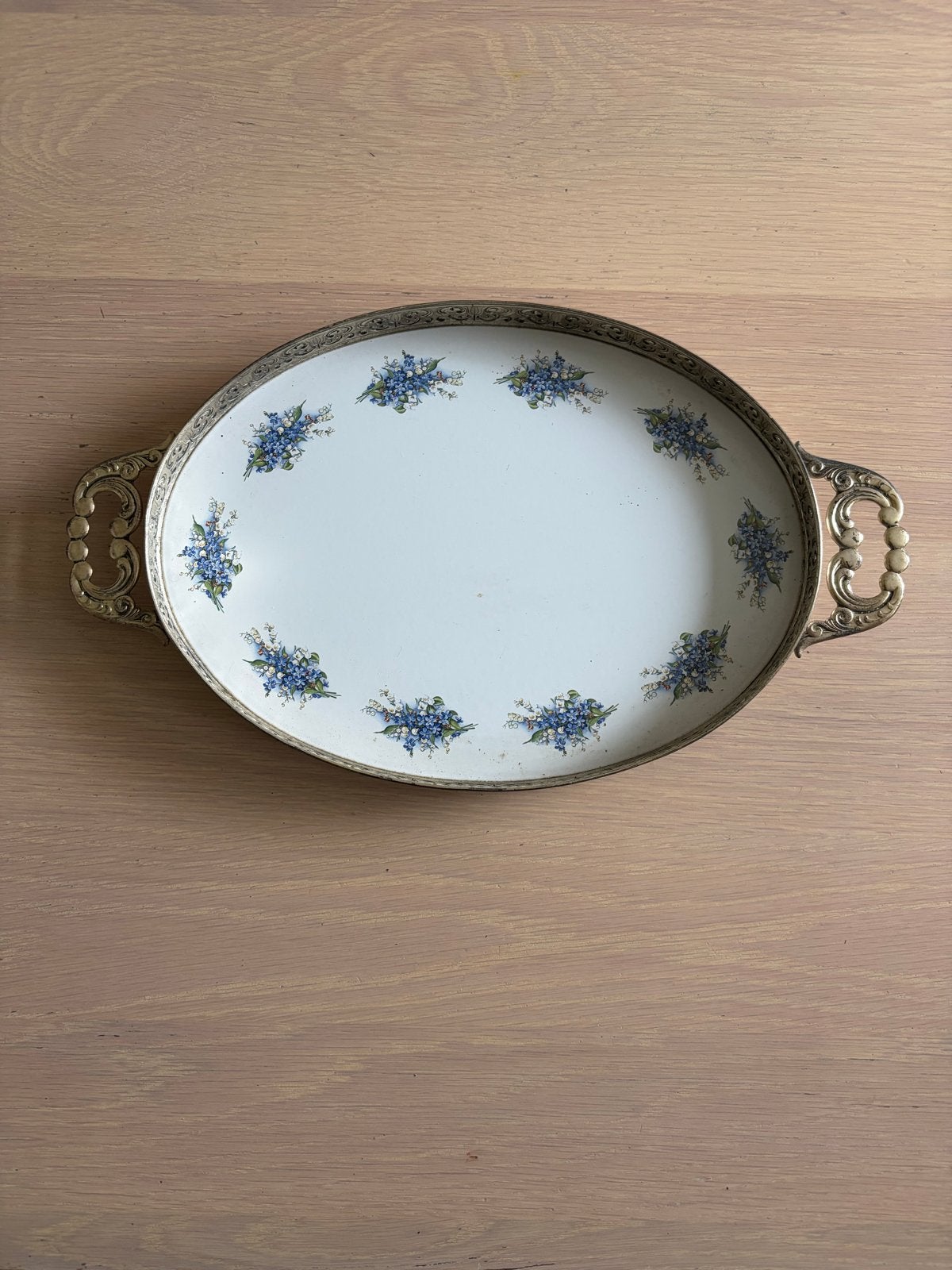 Vintage porseleinen dienblad met verzilverde rand, Ophalen of Verzenden