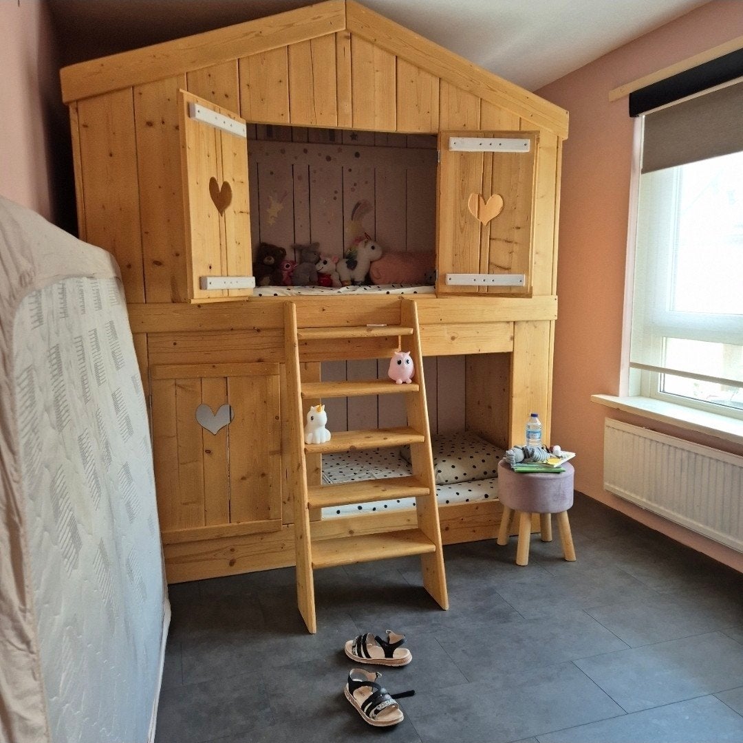 Uniek Houten Stapelbed met Speelhuisje - Droombed!, Ophalen, 90 cm, Tweepersoons, Zo goed als nieuw