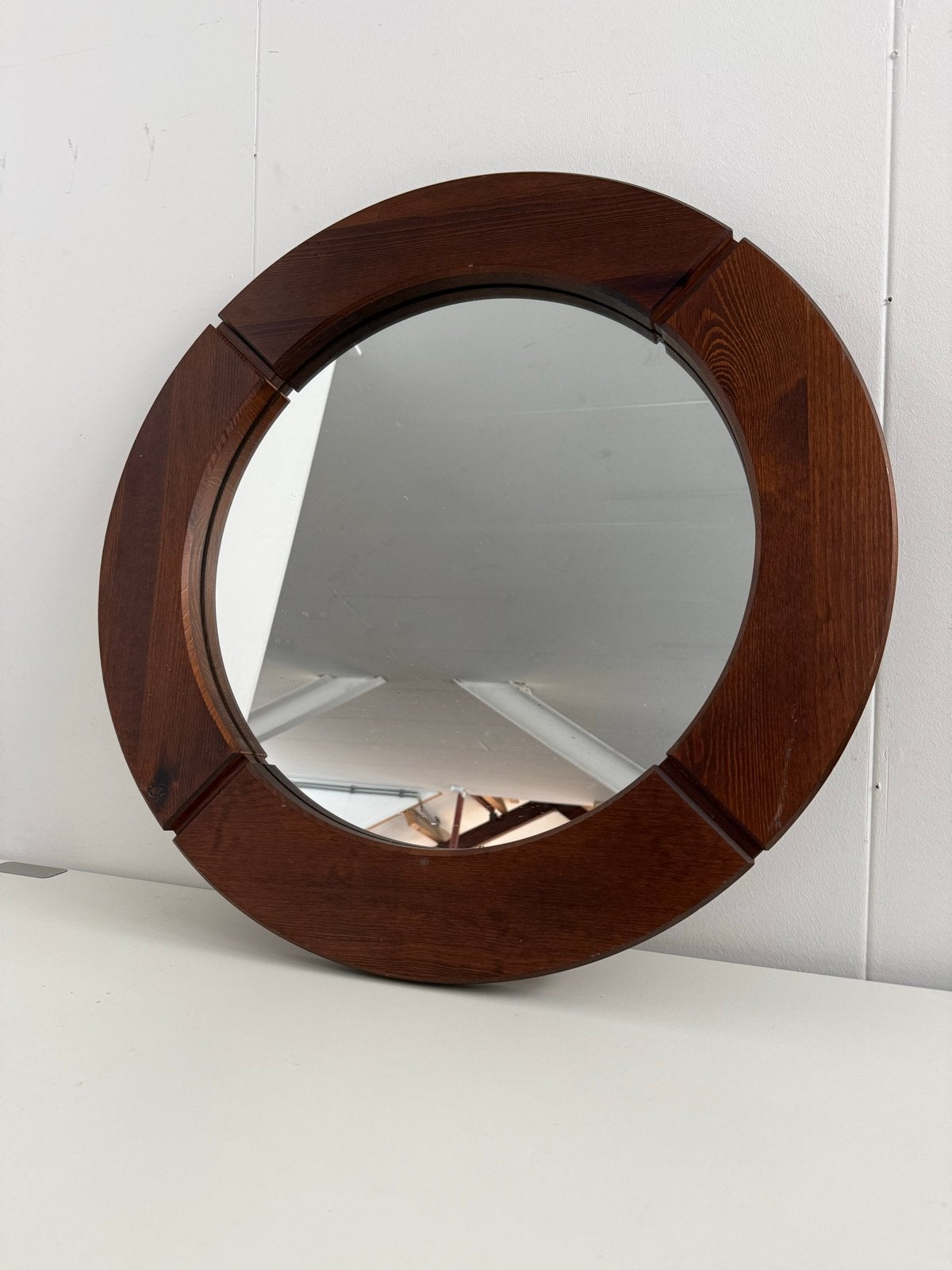 Vintage Rond Houten Spiegel - Donkerbruin, Ophalen, Rond, 50 tot 100 cm, Minder dan 100 cm