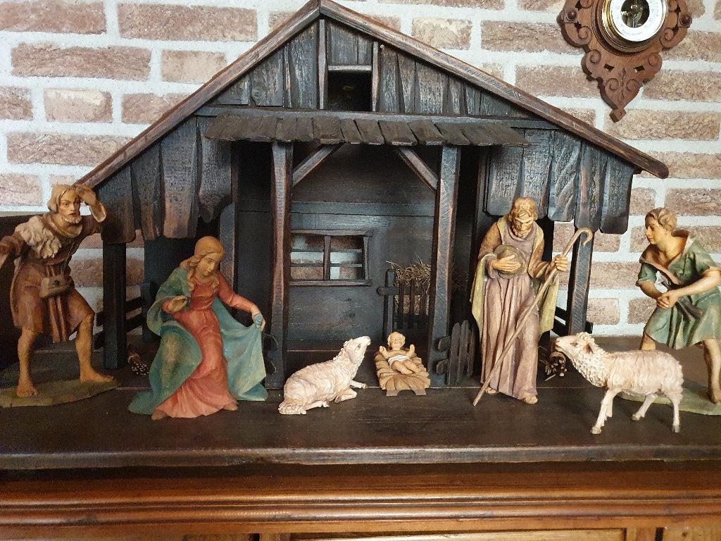 Unieke antieke Kerststal met kerstgroep, Oberammergau, hout-, Houtsnijwerk, Ophalen of Verzenden, Hout, Religie