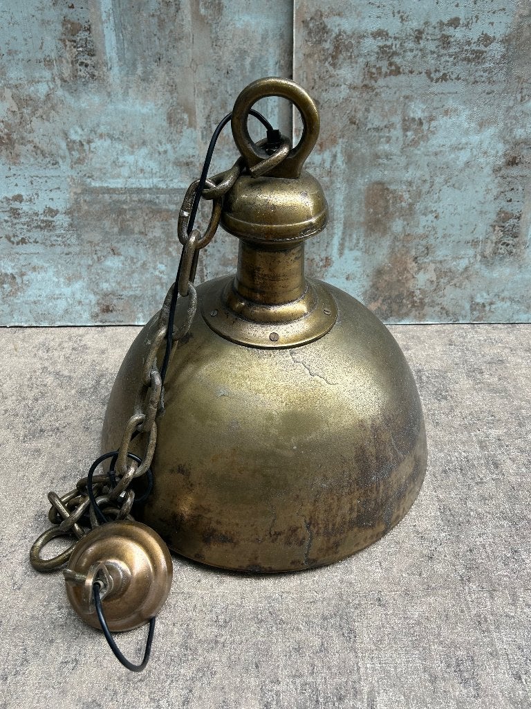 Oude zware industriële hanglamp / fabriekslamp messing, Ophalen, Brons