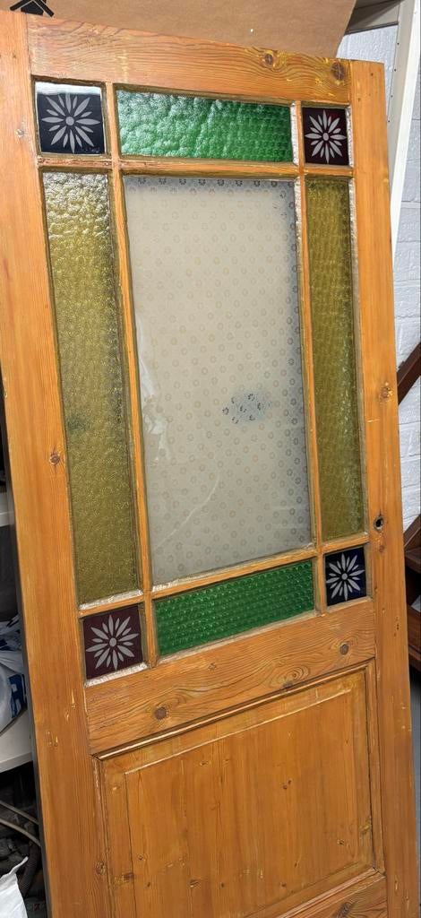 Vintage Houten Binnendeur met oud (Antiek) Geslepen Glas, Doe-het-zelf en Verbouw, Deuren en Horren, Ophalen, Gebruikt, 80 tot 100 cm