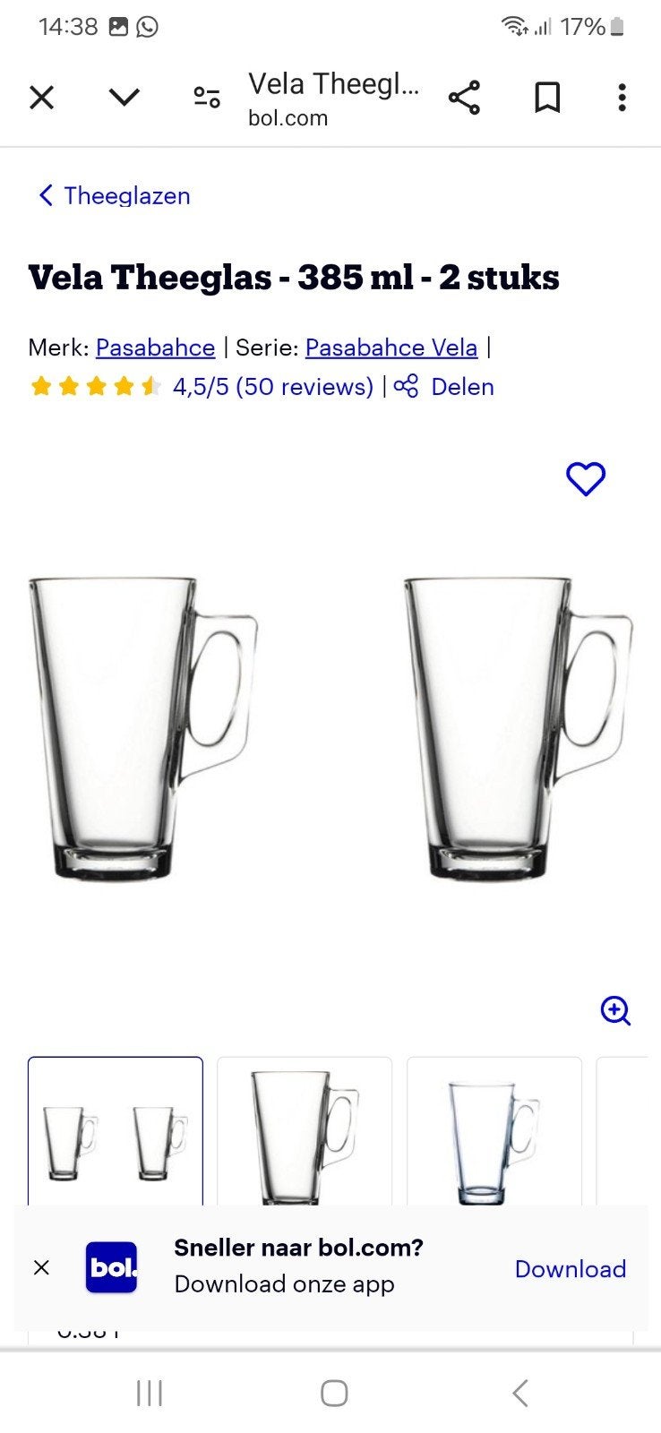 Nieuw Pasabahce Vela Theeglas - 385 ml - 2 stuks, Ophalen, Nieuw, Glas