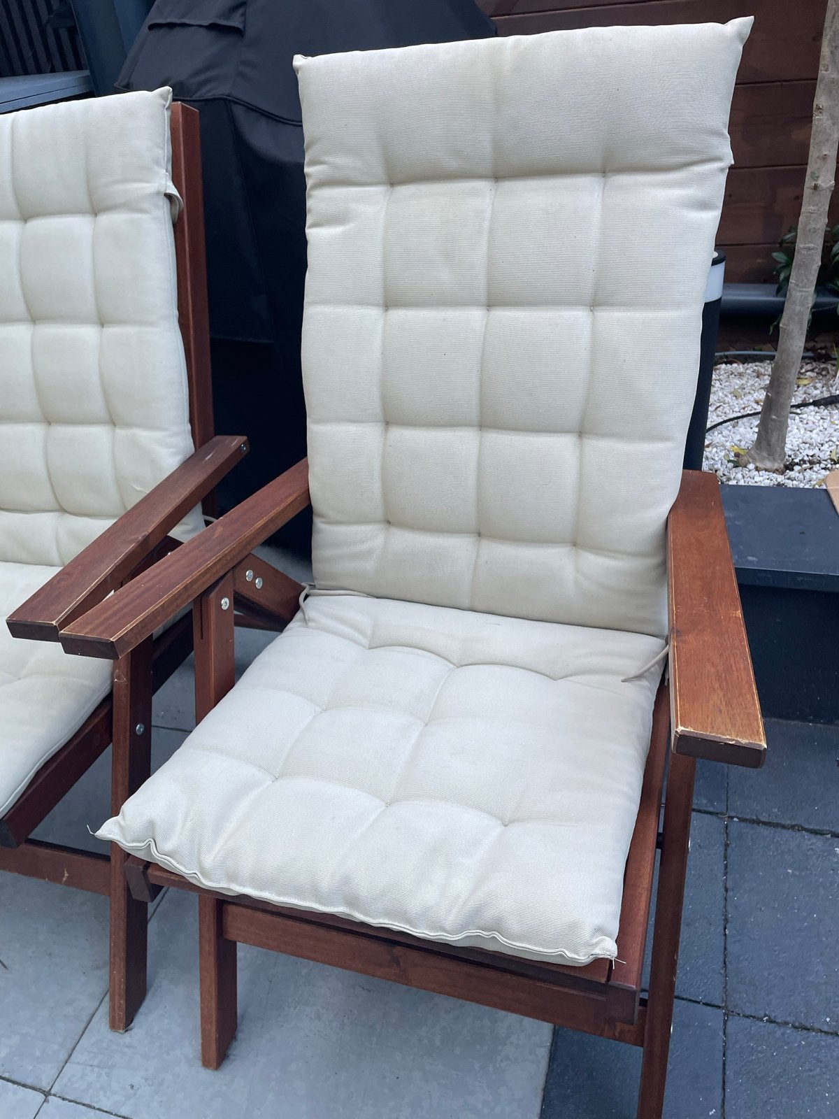 4x Verstelbare houten tuinstoelen met kussens, Ophalen, Gebruikt, Hout, Inklapbaar