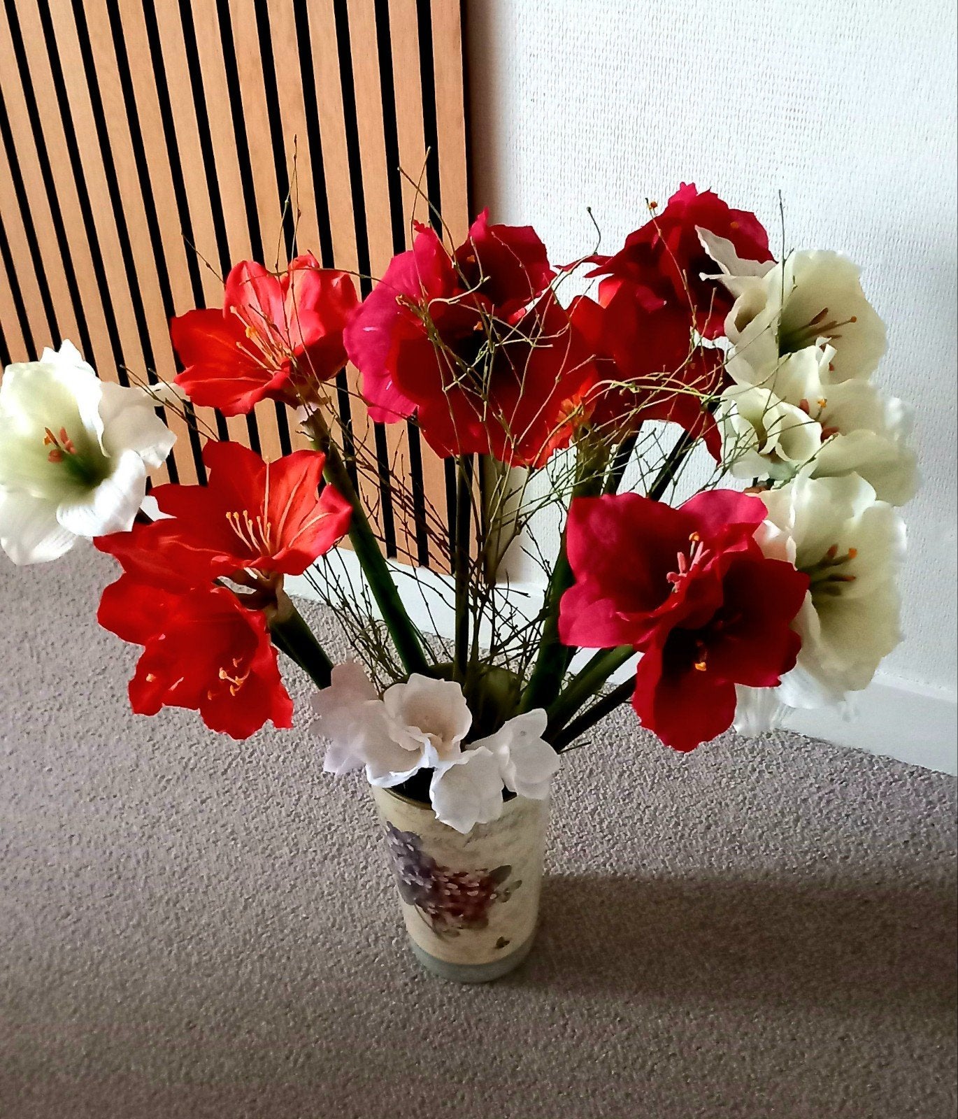 Boeket amaryllissen rood/wit+ vaas., Ophalen