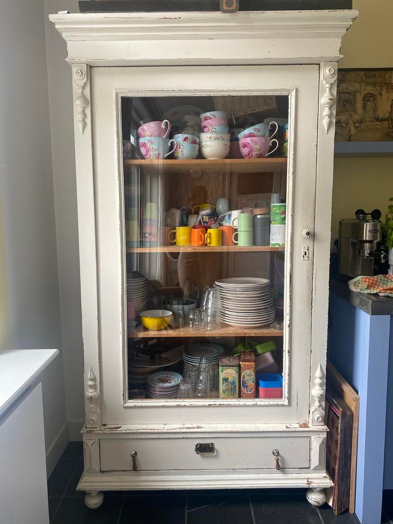 Vintage servieskast met glazen deur - 203x105x50cm, Huis en Inrichting, Kasten | Vitrinekasten, Ophalen, Gebruikt, 100 tot 150 cm